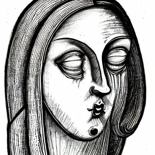 Prompt: an ink drawing of da vinci style white tragedy mask