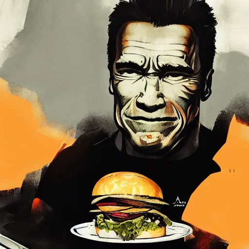 Prompt: highly detailed portrait of Arnold Schwarzenegger eating a burger by Dustin Nguyen, Akihiko Yoshida, Greg Tocchini, Greg Rutkowski, Cliff Chiang, 4k resolution, nier:automata inspired, bravely default inspired, vibrant but dreary orange, black and white color scheme!!! ((Space nebula background))