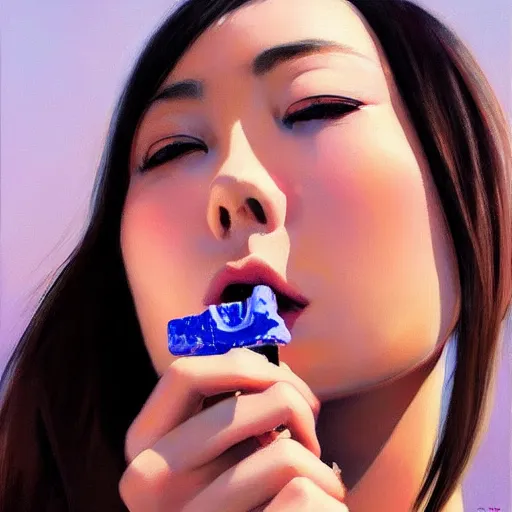 Prompt: oil painting by ilya kuvshinov,, baugh casey, rhads, coby whitmore, of a youthful japanese beauty, long hair, standing eating a popsicle outdoors by vending machines, highly detailed, breathtaking face, studio photography, dawn, intense subsurface scattering, blush, supple look, innocence, intense sunlight