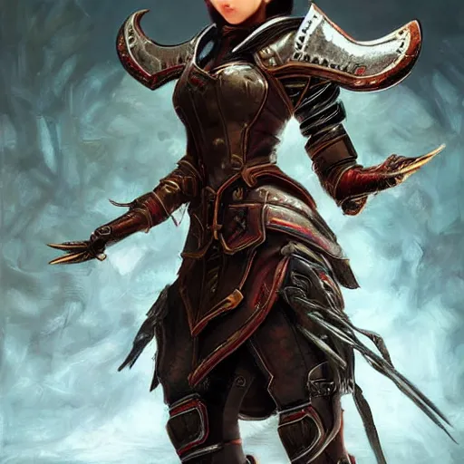 Image similar to perfect, realistic oil painting of close-up japanese young woman wearing leather jacket, in Diablo 3