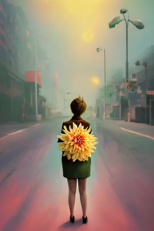 Image similar to closeup giant dahlia flower head, girl in a suit, standing in street, surreal photography, sunrise, dramatic light, impressionist painting, digital painting, artstation, simon stalenhag