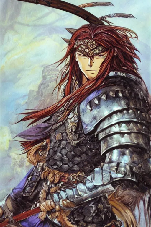 Prompt: A realistic anime portrait of a young handsome male barbarian with long wild hair, intricate fantasy spear, plated armor, vivid colors, colored, D&D, dungeons and dragons, tabletop role playing game, rpg, jrpg, digital painting, by Frank Frazetta and Kentaro Miura, concept art, highly detailed, promotional art, HD, digtial painting, trending on ArtStation, golden ratio, rule of thirds, SFW version