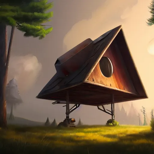 Image similar to a walking wood and metal house with two legs and one big eye, smoky chimney, rust, hyperrealistic, highly detailed, cinematic, single ray of sun, morning, pareidolia, gravity falls style, disney, ghibli, beautiful, pine trees in the background, cgssociety, artstation, 8 k, oil painting, digital art