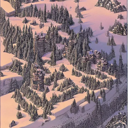 Prompt: An isometric overhead view of a narrow valley, winter time, dark pine trees, a small village, a tall castle guarding one end of the valley, fantasy style, D&D sourcebook, art by Moebius, hyper detailed, high quality