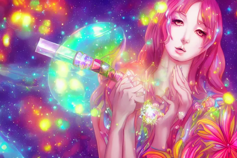 Prompt: psychedelic, whimsical, anime, 4k, beautiful lusty woman smoking a bong, with professional makeup, long trippy hair, a crystal and flower dress, sitting on a reflective pool, surrounded by gems, underneath the stars, rainbow fireflies, trending on patreon, deviantart, twitter, artstation, volumetric lighting, heavy contrast, art style of Ross Tran and Greg Rutkowski and Miho Hirano and Ilya Kuvshinov