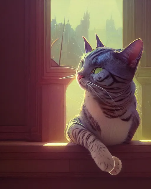 Image similar to highly detailed vfx portrait of a cat, stephen bliss, unreal engine, greg rutkowski, loish, rhads, beeple, makoto shinkai and lois van baarle, ilya kuvshinov, rossdraws, tom bagshaw, alphonse mucha, global illumination, detailed and intricate environment