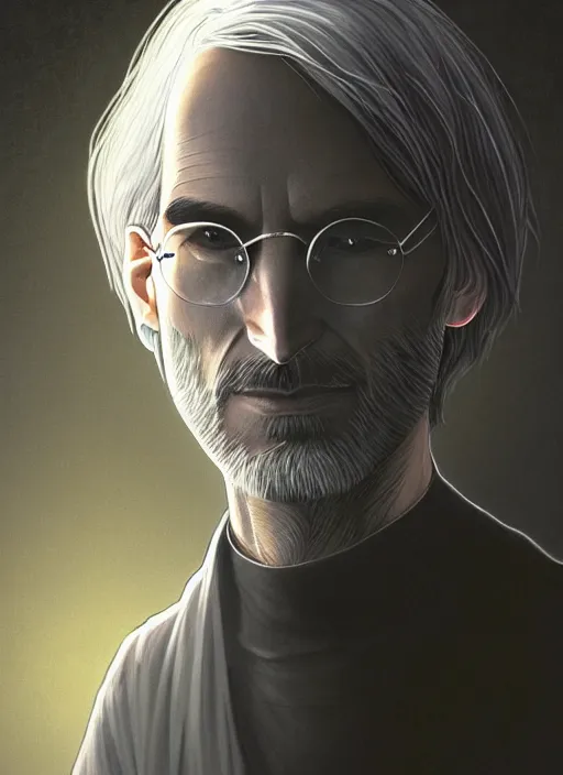 Image similar to portrait of steve jobs, white glowing eyes, silver shaggy hair, cloak, male, fantasy, extremely detailed, digital painting, artstation, concept art, sharp focus, illustration, stunning lighting, artgerm, alphonse mucha, simon stalenhag, light atmosphere, golden ratio, cinematic lighting, hyperdetailed, marc simonetti, greg rutkowski, 8 k