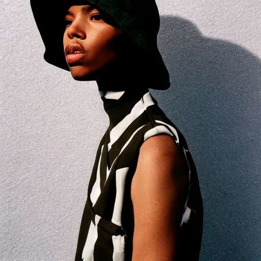 Image similar to realistic photoshooting for a new issey miyake lookbook, color film photography, portrait of a beautiful woman, model is wearing a bucket hat, photo in style of tyler mitchell, 3 5 mm,