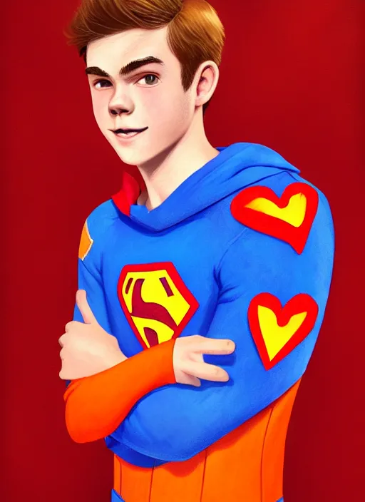 Image similar to friendly teenage archie andrews wearing an orange superhero costume with heart logo, heart, freckles, blue cape, heart emblem on chest, blue cape, intricate, elegant, glowing lights, highly detailed, digital painting, artstation, sharp focus, illustration, art by wlop, mars ravelo and greg rutkowski