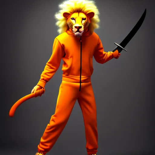 Prompt: commission of a fit male anthro albino lion holding a sword wearing an orange tracksuit,SFW,artstation,deviantart, science fiction industrial hard science concept art, 8K render octane high definition cgsociety