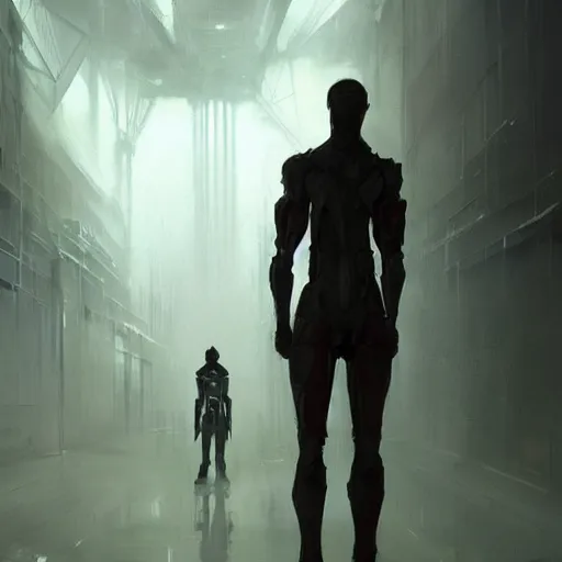 Image similar to concept art by greg rutkowski, a very tall and slender cyborg, standing in front of a large rectangular looking space, high tech and futuristic white walled environment, unnatural lighting, uncanny atmosphere, frightening and creepy atmosphere, scifi, highly detailed portrait, digital painting, artstation, concept art, smooth, sharp foccus ilustration, artstation hq