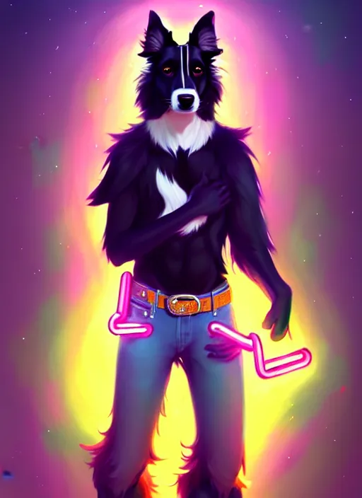 Image similar to wide angle beautiful full body portrait of a cute male anthropomorphic anthro border collie fursona wearing cowboy outfit in a neon metropolis, character design by charlie bowater, henry asencio, and ross tran, furry art, furaffinity, beautiful, glamor pose, detailed, aesthetic, trending on artstation