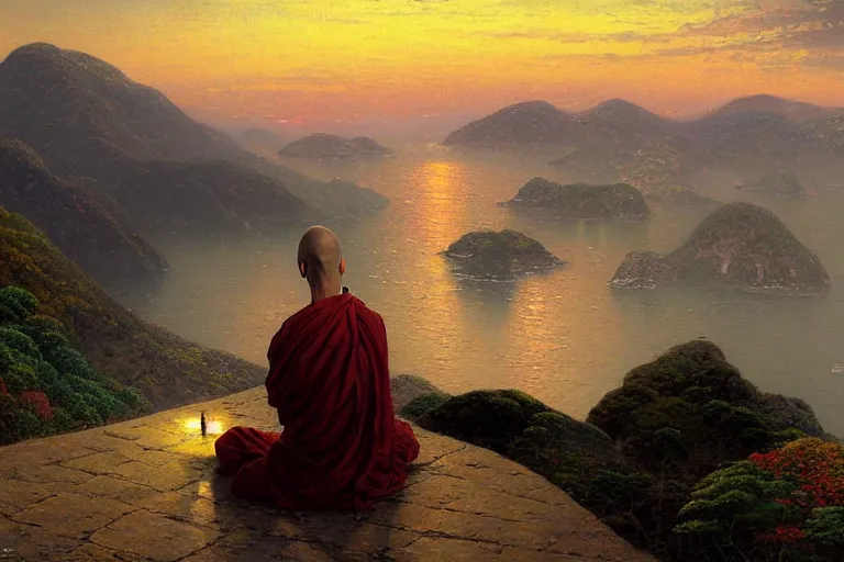 Prompt: a stunning painting of a bald zen monk meditating on a seaside mountain overlook at sunset by thomas kinkade and john atkinson grimshaw, matte painting, moody palette