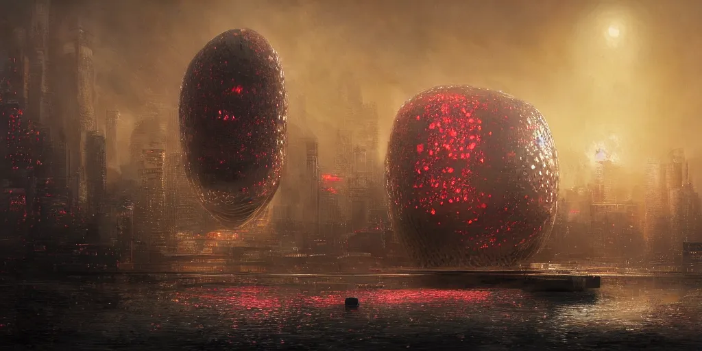 Image similar to An epic architectural rendering of a blob shaped trypophobia house with a mysterious red glow emitting from inside in a modern cityscape next to a river, by Zaha Hadid and Martin Johnson Heade and Greg Rutkowski, stunning, gorgeous, golden ratio, photorealistic, featured on artstation, 4k resolution