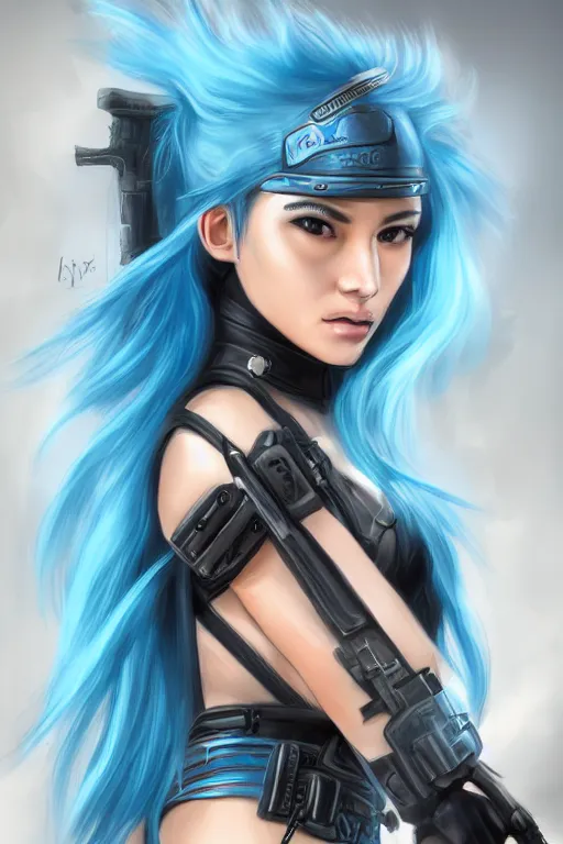 Prompt: female mercenary guard, bright blue hair, pretty face, ultra detailed, digital art, 8k ,character ,realistic, portrait, hyperrealistic