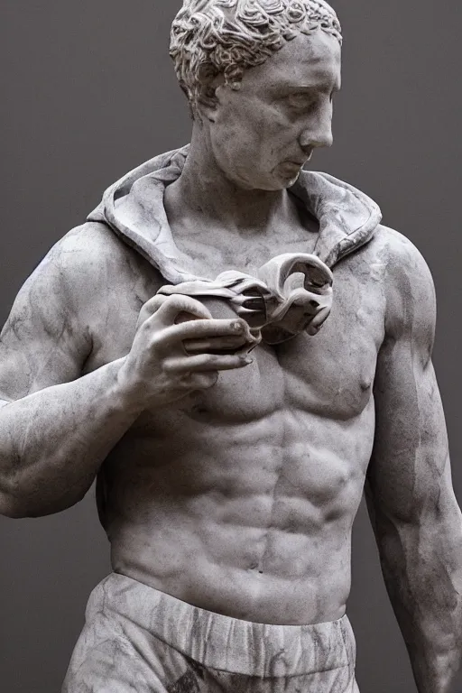 Prompt: marble sculpture of man in Adidas winter jacket, sportswear holding a marble bottle, intricate sculpture, chiseled muscles, godlike, museum photo