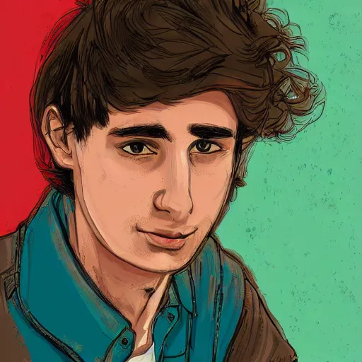 Image similar to a head - on highly detailed matte comic - style colorful portrait of a 2 0 - something engineering student, brown messy hair, by laurie greasly