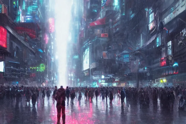 Image similar to dramatic artstation illustration of a crowd of people at a city intersection bowing to giant cyborg hologram by greg rutkowski, cyberpunk, raining