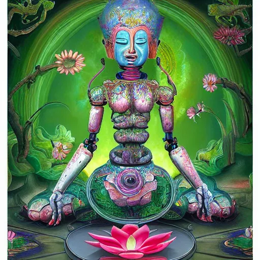 Image similar to a beautiful surrealist painting of a 1 0 0 0 armed quan yin robot sitting in prayer in the lotus garden in the style of hanna yata, digital art h 1 0 2 4