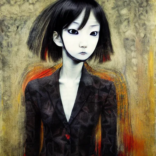 Image similar to yoshitaka amano blurred and dreamy realistic three quarter angle portrait of a young woman with black lipstick and black eyes wearing dress suit with tie, junji ito abstract patterns in the background, satoshi kon anime, noisy film grain effect, highly detailed, renaissance oil painting, weird portrait angle, blurred lost edges