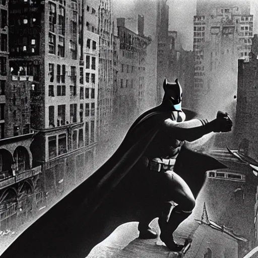 Image similar to old black and white photo, 1 9 1 3, depicting batman fighting bad guys in an ally of new york city, rule of thirds, historical record