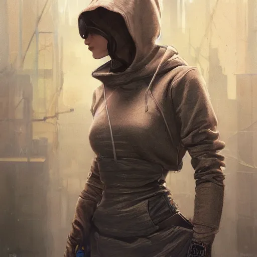 Prompt: character portrait of a 1950s teenage girl in a hoodie, dystopian cyberpunk steampunk mood, intricate, wild, highly detailed, digital painting, artstation, upper body, concept art, smooth, sharp focus, illustration, art by artgerm and greg rutkowski and alphonse mucha