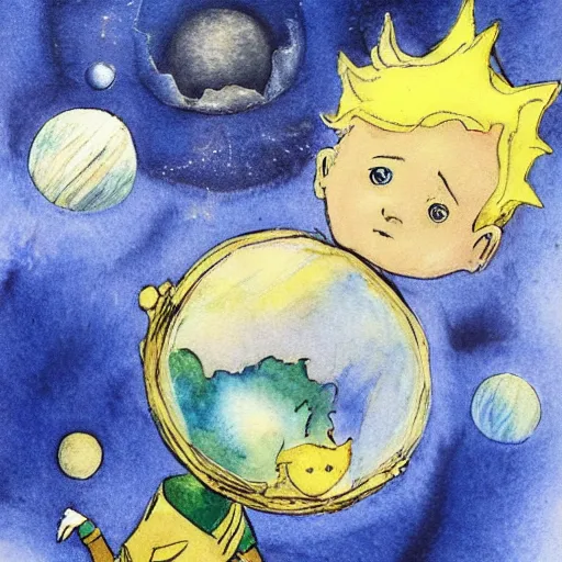 Prompt: the little prince on a little crystal planet floating in space, watercolors by antoine de saint exupery