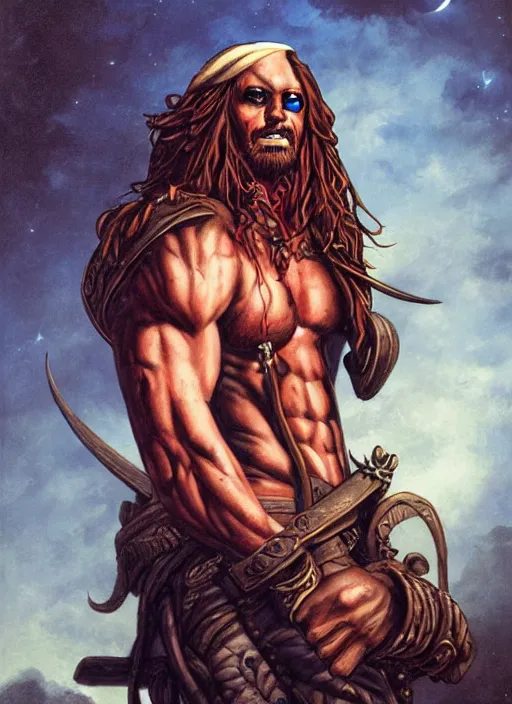 Prompt: portrait of muscular pirate, night sky background, coherent! by brom, deep color, strong line, high contrast