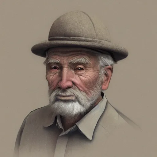 Image similar to realistic renderings of very old man portrait with a hat, astonishing scenes, photorealism