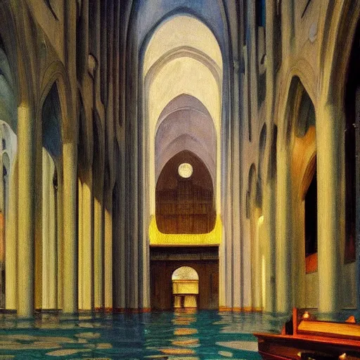 Image similar to a flooded cathedral, film still by edward hopper, by Bosch, by klimt, art noveau, highly detailed, strong lights, liminal, eerie, Bright pastel colors