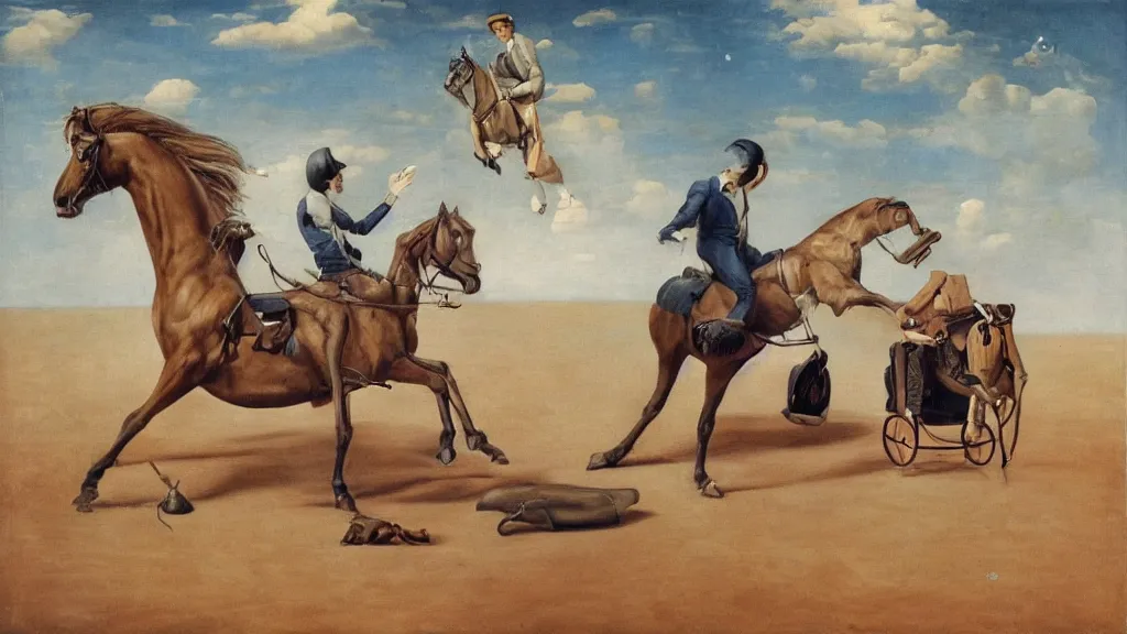 Prompt: a man is holding a horse, a horse is flying, a man is standing, a man is rooted to the ground, a horse riding an astronaut, surrealism, surrealist