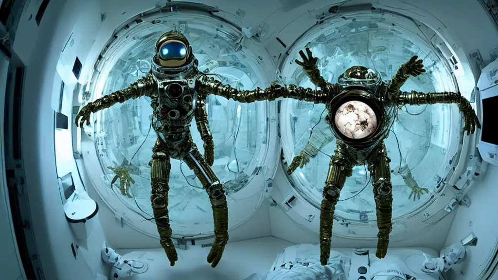 Image similar to a cybernetic symbiosis of a single astronaut eva suit with diamond 3d fractal lace iridescent bubble 3d skin covered with insectoid compound eye camera lenses floats through the living room, film still from the movie directed by Denis Villeneuve with art direction by Salvador Dalí, wide lens,