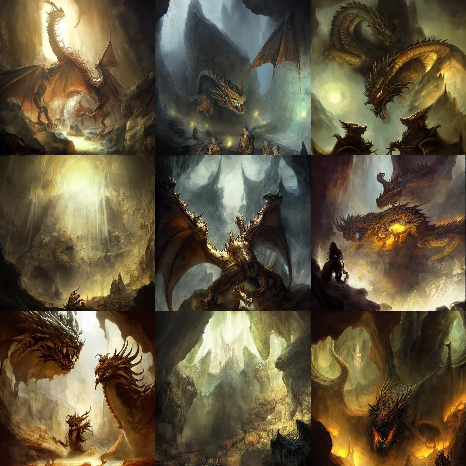 Prompt: a ((multiple headed)) ((dragon)) guards treasures!! in a cave. atmospheric, cinematic lightinh, fantasy concept art by Rembrandt and Da Vinci, Tolkien and michael komarck