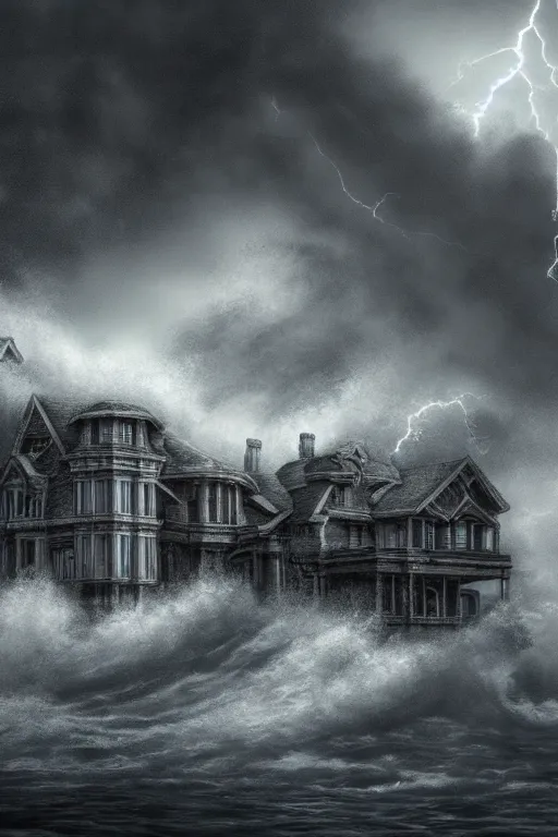 Image similar to Ultra Realistic Hyper detailed Fantasy view of a Haunted Mansion overlooking the cliffs edge where ocean waves are crashing during a lightning storm.