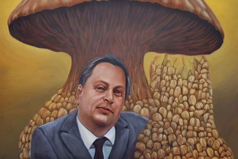 Prompt: portrait of orban viktor sitting under a big mushroom, detailed face, surreal oil painting