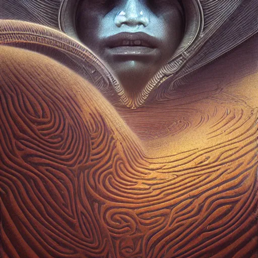 Image similar to sci - fi portrait of guild navigator of dune by jean delville and beksinski, intricate, hyperealistic, photoreal, 8 k resolution, highly detailed, proffesional illustration, high contrast, raytracing, subsurface scattering, ambient occlusion, v - ray, zbrush, unreal engine 5