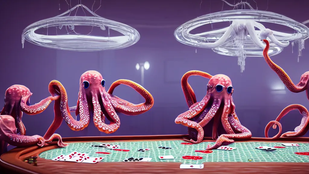 Image similar to hyperrealism simulation highly detailed human octopuses'wearing transparent jackets, playing poker in surreal scene from art house movie from future by wes anderson rendered blender and octane render