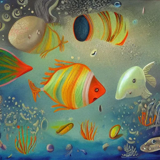 Prompt: weird fishes at the bottom of the earth, surrealist painting, layered texture, shimmering