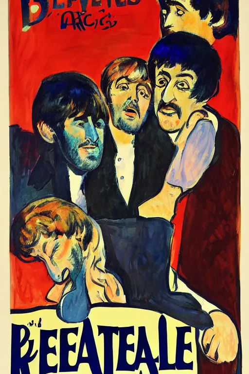 Image similar to poster announcing a Beatles concert in a french cabaret, john lennon, paul mccartney, ringo starr, by Toulouse-Lautrec, 4k,