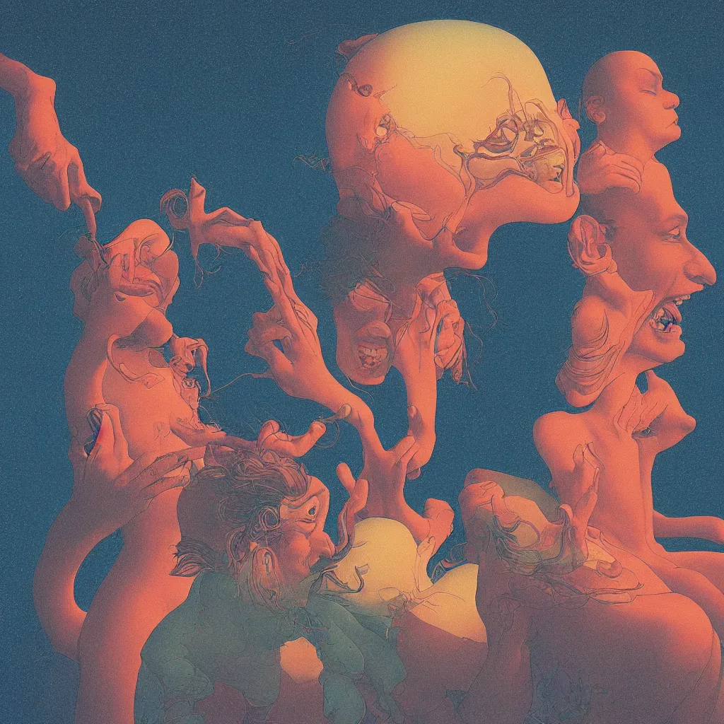 Image similar to close up portrait of a man and woman having fun with lsd and magic mushrooms by kawase hasui, moebius, Edward Hopper and James Gilleard, Zdzislaw Beksinski, Steven Outram, 8k, volumetric lighting, artstation