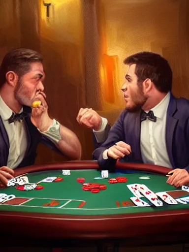 Image similar to guys arguing during a poker match. angry intricate, elegant, highly detailed, digital painting, artstation, concept art, sharp focus, illustration, by justin gerard and artgerm, 8 k