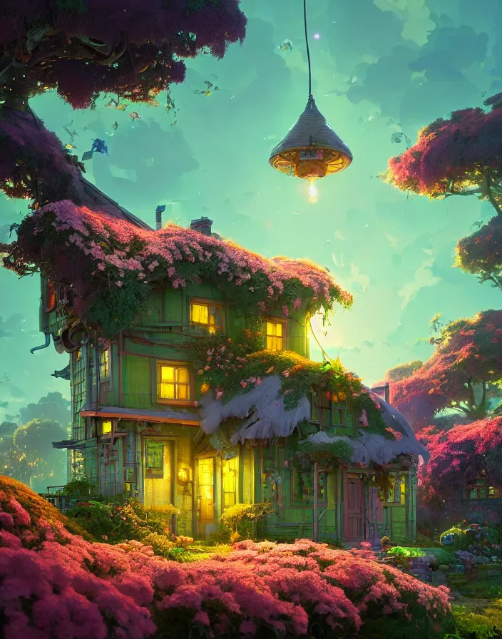 Prompt: IN THE SKY, flowery cottage, solar, green technology, optimist future by Tyler Edlin, intricate artwork by Tooth Wu and wlop and beeple and dan mumford and greg rutkowski and nekroxiii. halo. octane render, cinematic, hyper realism, octane render, 8k, depth of field, bokeh. iridescent accents. vibrant.