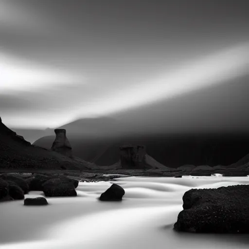 Image similar to minimalist black and white photograph of an icelandic valley, time exposure, of a river, sharp tall pillars, sharp rocks