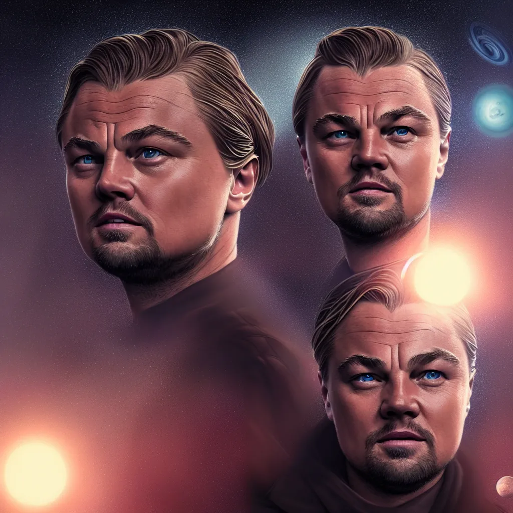 Image similar to centered detailed portrait of leonardo dicaprio in don't look up, futuristic, details, intricate, octane render, redshift, smooth, illustration, fairy lighting, stars and planets in the background, hyperrealistic, by dmitry prozorov, loish, and wlop, trending on artstation, hyperdetailed, hyperrealism