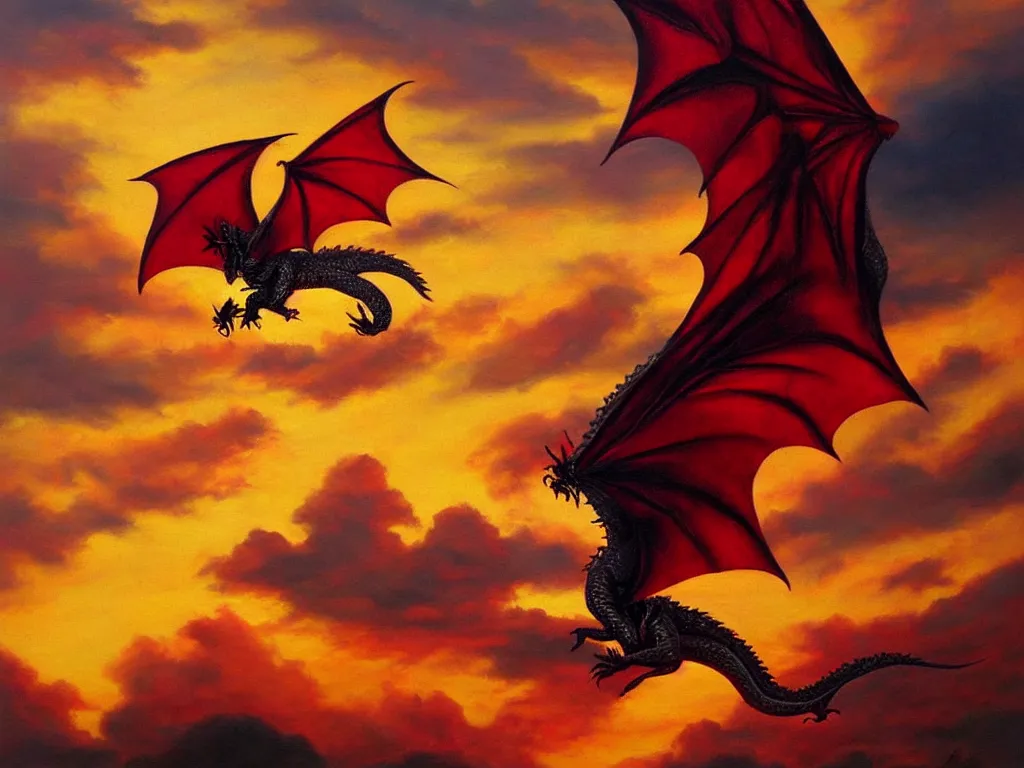 Image similar to A dragon made of rubies and gold flying in sunset clouds, realistic oil painting