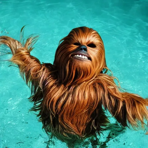 Prompt: Chewbacca swimming in brown water