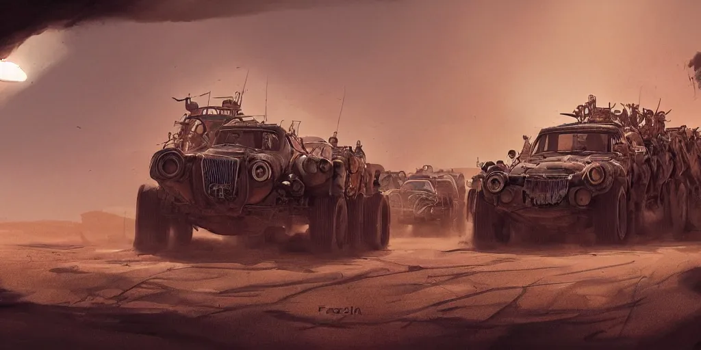 Image similar to an environmental concept art from mad max fury road, cars speeding through the desert, highly detailed, cinematic, dramatic lighting by francis tneh