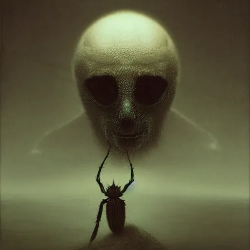 Prompt: a head replaced with a spider's abdomen, illustrated by zdzislaw beksinski, trending on artstation, 4 k, 8 k, foreboding atmosphere, eerie self - portrait, cgsociety contest winner