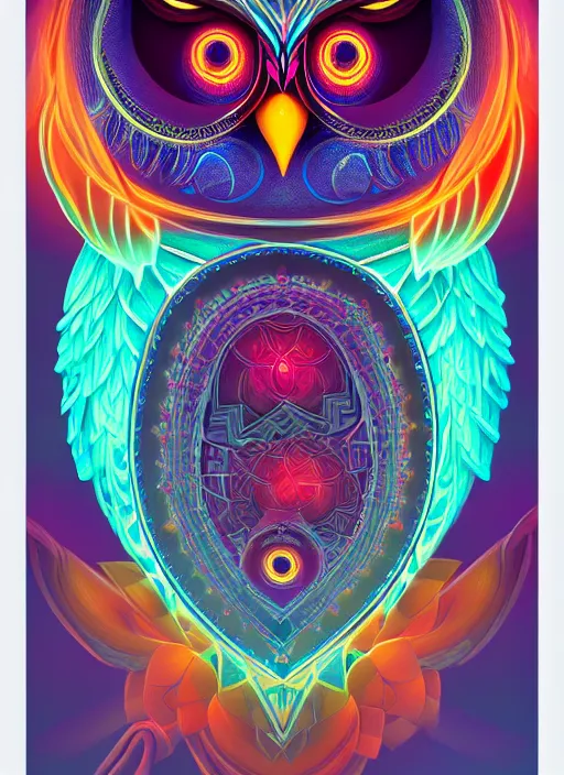 Image similar to symmetry!! product render poster vivid colors divine proportion owl, 神 圣, glowing fog intricate, elegant, highly detailed, digital painting, artstation, concept art, smooth, sharp focus, illustration,