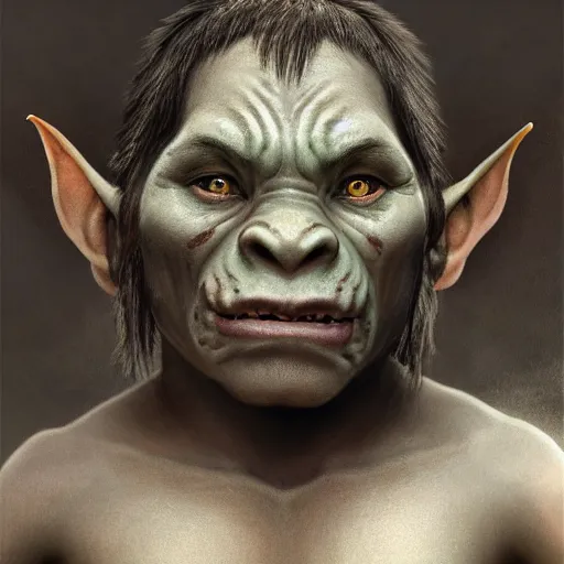 Image similar to a detailed portrait of a child orc boy, fantasy art illustration, incredibly highly detailed and realistic, 8 k, sharp focus